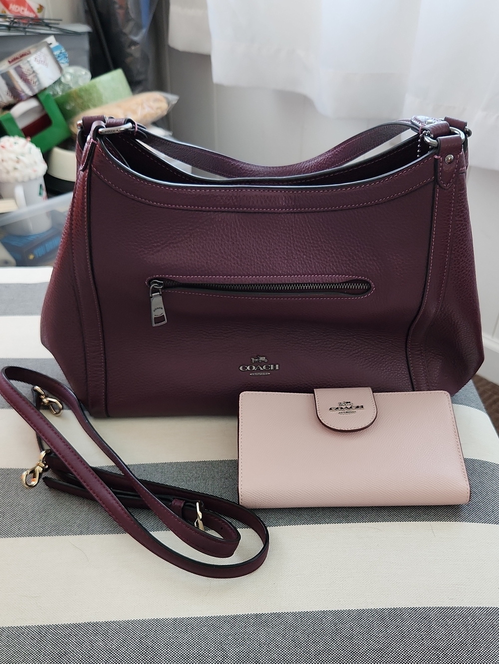 Coach Pebbled Leather Shoulder Bag in Wine with Pink Wallet